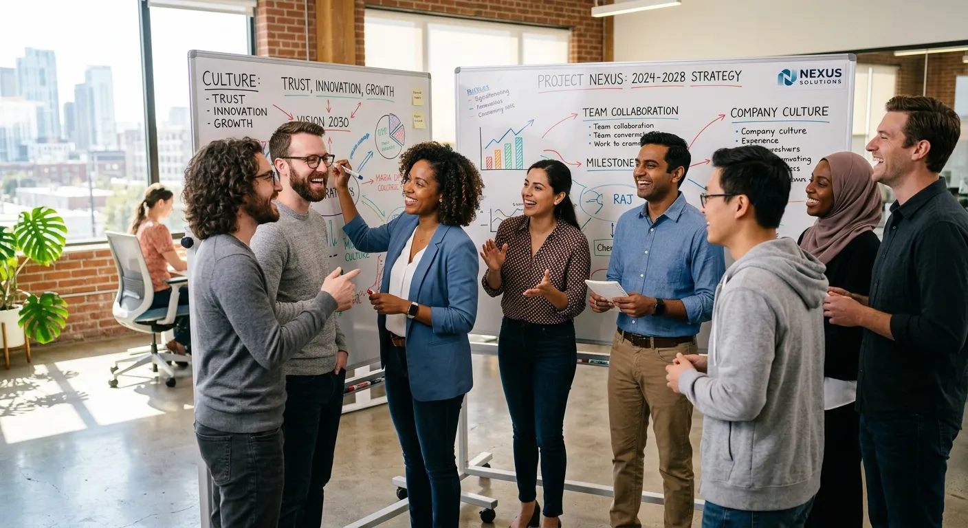 A diverse, professional team collaborating in a modern, sunlit office. They are smiling and engaged... A diverse, professional team collaborating in a modern, sunlit office. They are smiling and engaged with a whiteboard, symbolizing long-term teamwork and company culture. Professional, warm, and inspiring mood.