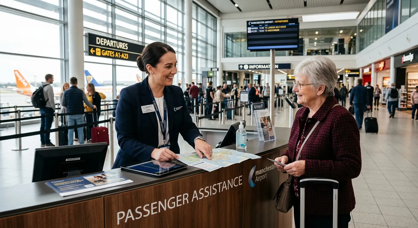 A professional, welcoming photo of a Customer Service Advisor in a smart uniform at Manchester Airport, smiling and assisting a passenger, with a modern airport terminal background. The mood is professional, efficient, and helpful.