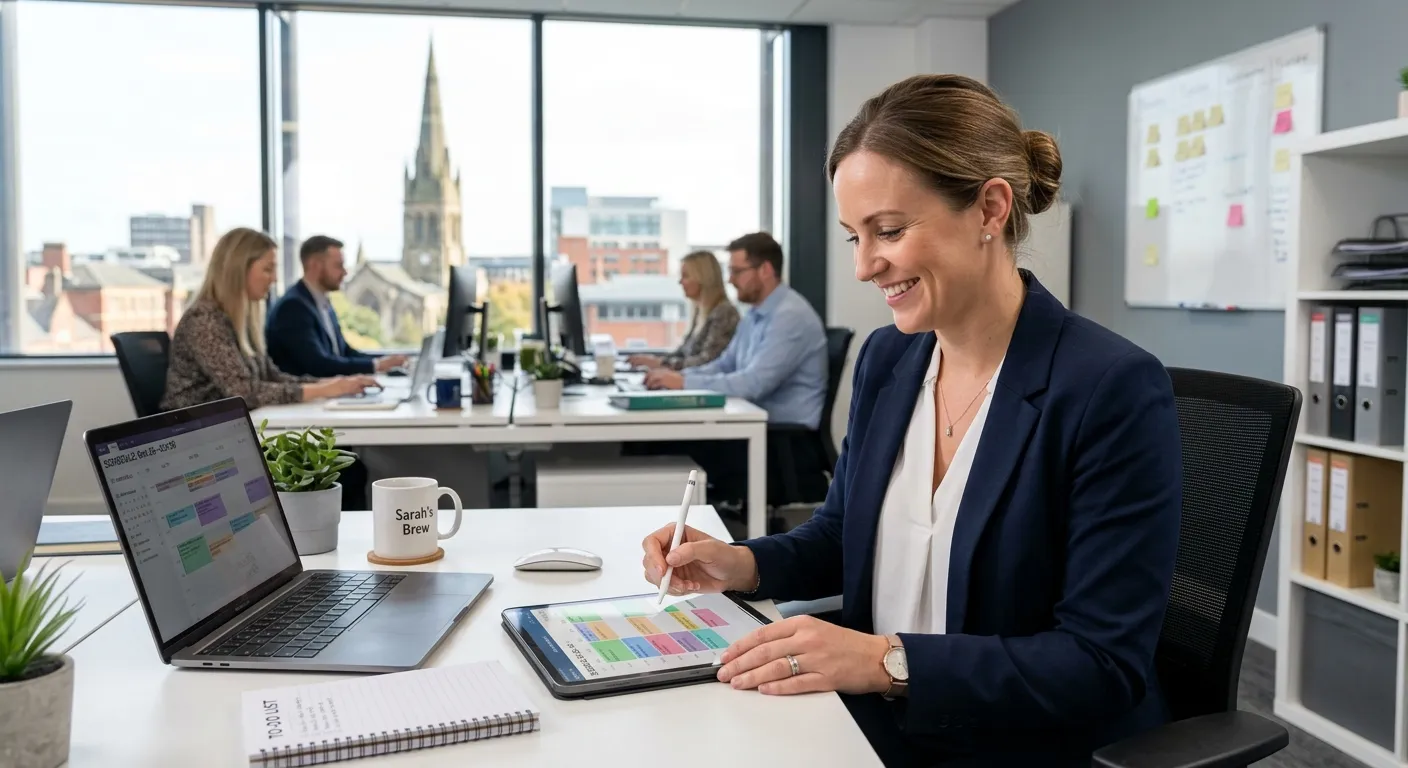 A professional, confident Personal Assistant (PA) working efficiently in a modern Preston office setting, smiling while organising a schedule on a digital tablet. The image should convey competence, trustworthiness, and a busy, productive environment.