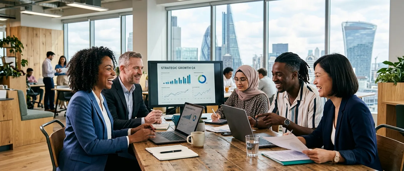 A dynamic, professional hero image showing a diverse team of London professionals collaborating in a... A dynamic, professional hero image showing a diverse team of London professionals collaborating in a modern office setting. The mood is energetic, inclusive, and success-oriented.