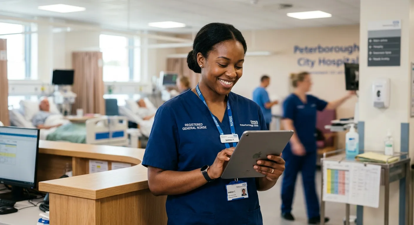 Professional photo of a confident, smiling Registered General Nurse in a modern healthcare setting i... Professional photo of a confident, smiling Registered General Nurse in a modern healthcare setting in Peterborough, wearing a uniform, looking at a tablet, conveying care and competence.