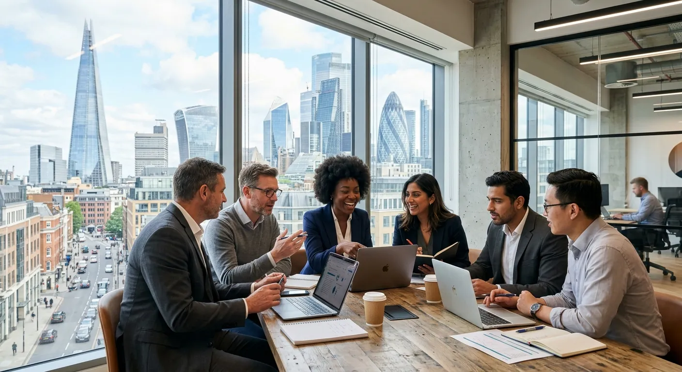 A dynamic, professional photo of a diverse group of business professionals collaborating in a modern... A dynamic, professional photo of a diverse group of business professionals collaborating in a modern London office with iconic city views (like The Shard) visible through the window. Style: Vibrant, sharp, aspirational.