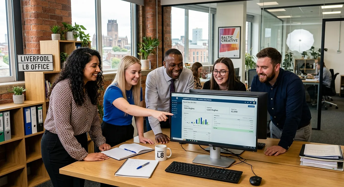 A professional, diverse team of office administrators in a modern, bright Liverpool L8 office, smili... A professional, diverse team of office administrators in a modern, bright Liverpool L8 office, smiling and collaborating around a computer screen showing payroll software. Modern, clean, energetic style.
