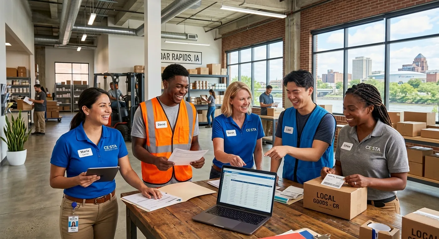 A professional, high-energy hero image featuring a diverse group of temp workers collaborating in a modern Cedar Rapids office or light industrial setting, smiling and engaged. The style should be bright, aspirational, and convey trust and efficiency.
