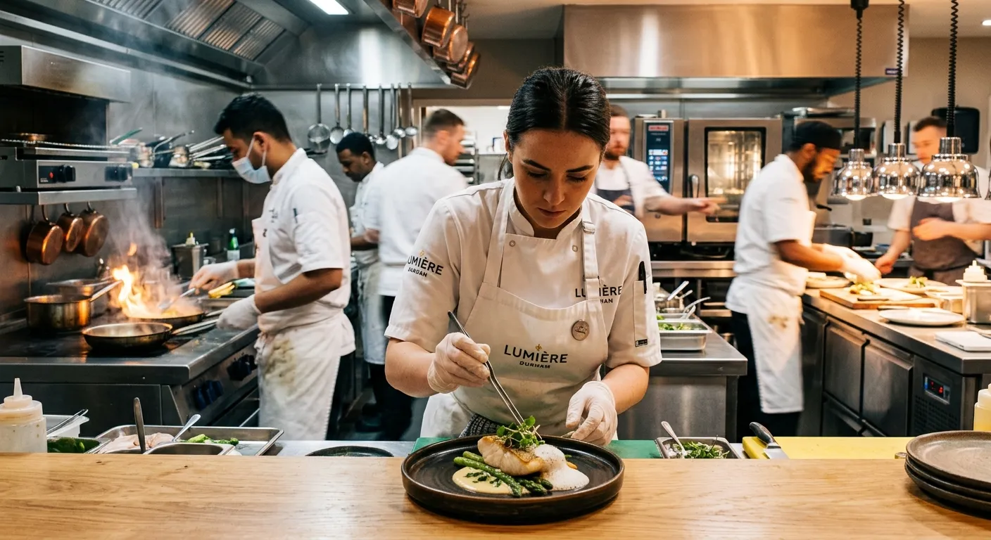 A professional, high-energy kitchen scene in a modern hotel or restaurant in Durham. A focused Chef... A professional, high-energy kitchen scene in a modern hotel or restaurant in Durham. A focused Chef de Partie in whites is expertly plating a dish, with other kitchen staff visible in the background. The mood is professional, vibrant, and fast-paced.