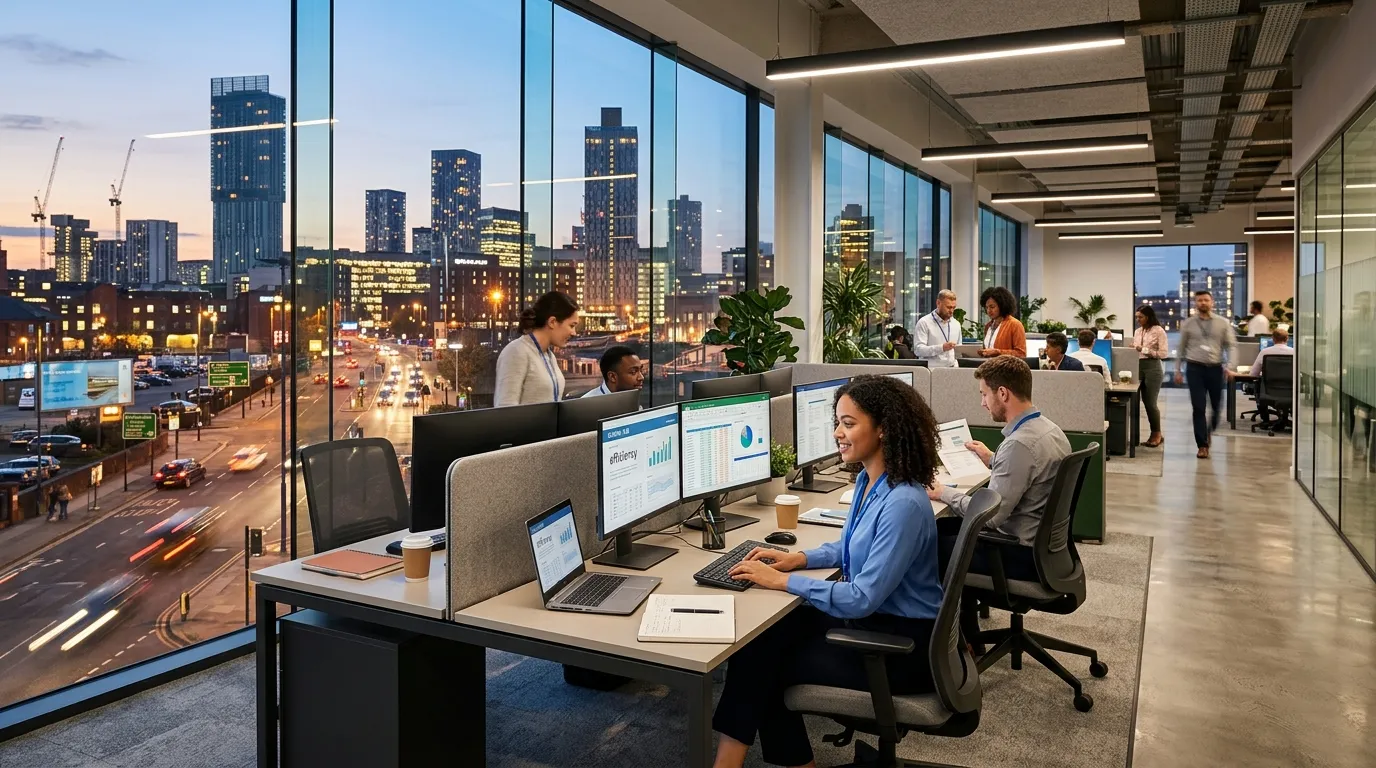 A dynamic, professional hero image showing a modern Manchester cityscape skyline blending with a vib... A dynamic, professional hero image showing a modern Manchester cityscape skyline blending with a vibrant, well-organized open-plan office. Focus on the energy of the city and the efficiency of admin work. Style: Professional, aspirational, high-contrast.
