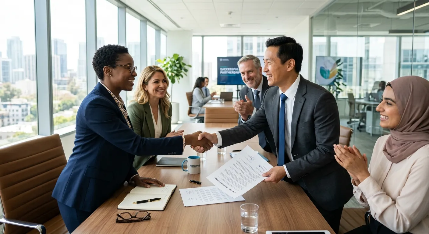 A modern, professional business meeting in a bright office. A diverse team of professionals shakes h... A modern, professional business meeting in a bright office. A diverse team of professionals shakes hands over a contract, symbolising a successful partnership. Style is bright, crisp, and focused on collaboration.