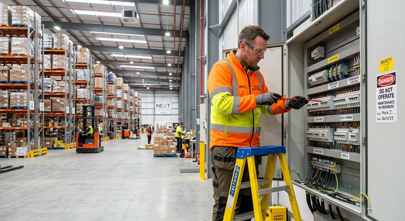 A professional, well-lit photo of an electrician in high-visibility gear, working safely on an electrical panel within a modern, clean logistics warehouse in Leeds. The image should convey professionalism, safety, and the scale of the industrial facility.