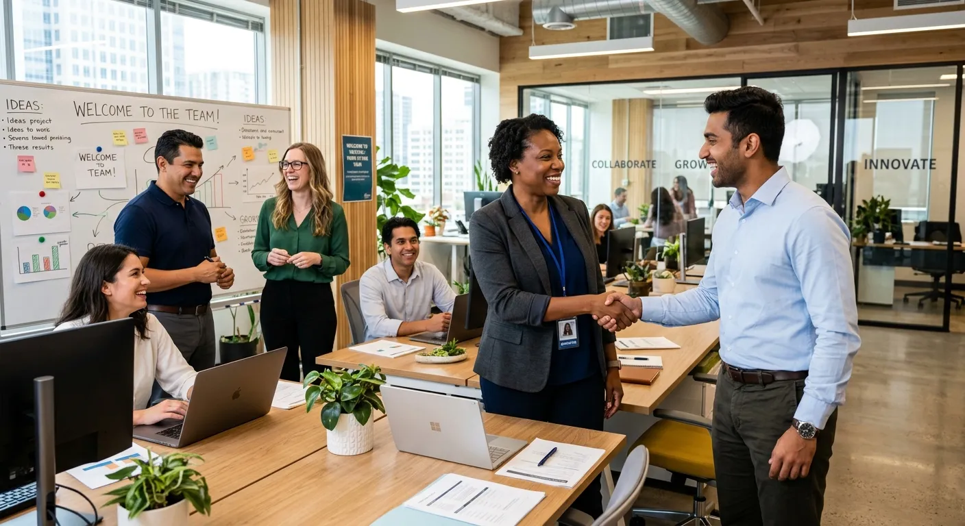 A professional, high-energy photo of a diverse group of modern professionals collaborating in a brig... A professional, high-energy photo of a diverse group of modern professionals collaborating in a bright, open-plan office. A recruiter is shaking hands with a candidate. Style: Authentic, vibrant, and inspiring. Mood: Successful connection and opportunity.