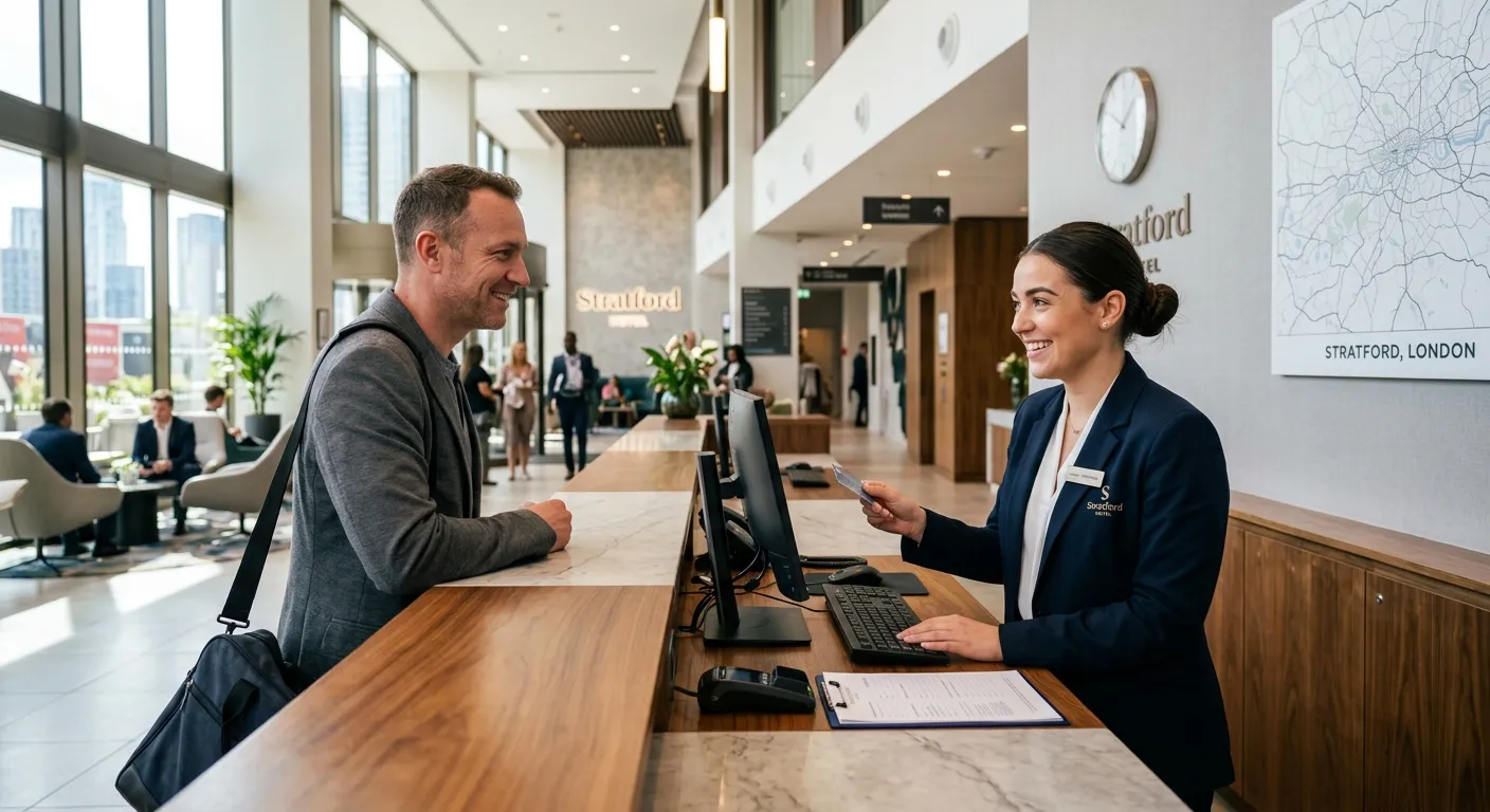 A professional, friendly hotel receptionist in a modern hotel lobby in Stratford, assisting a guest... A professional, friendly hotel receptionist in a modern hotel lobby in Stratford, assisting a guest with a smile. The style should be bright, welcoming, and professional.