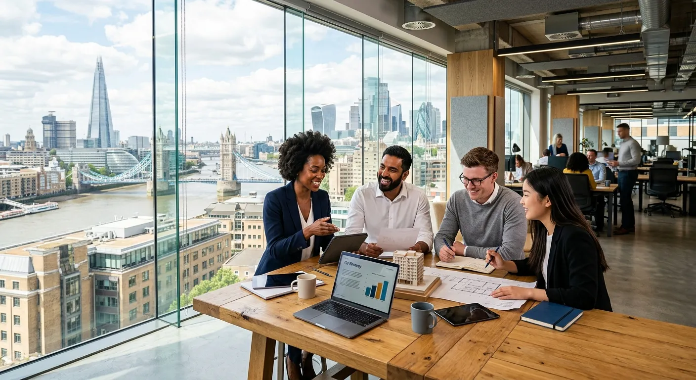 Dynamic, professional photo of diverse team collaborating in a modern London office, with iconic London skyline visible through floor-to-ceiling windows. Style: Vibrant, energetic, high-contrast business photography.