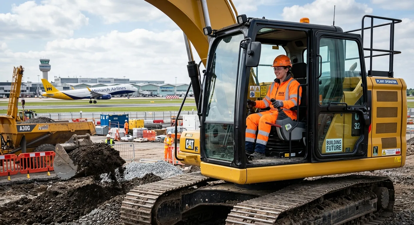 A professional, well-lit photograph of a skilled Plant Operator in high-visibility clothing, safely... A professional, well-lit photograph of a skilled Plant Operator in high-visibility clothing, safely and competently operating a modern excavator on a construction site near Birmingham Airport. The image should convey professionalism, safety, and a dynamic work environment.