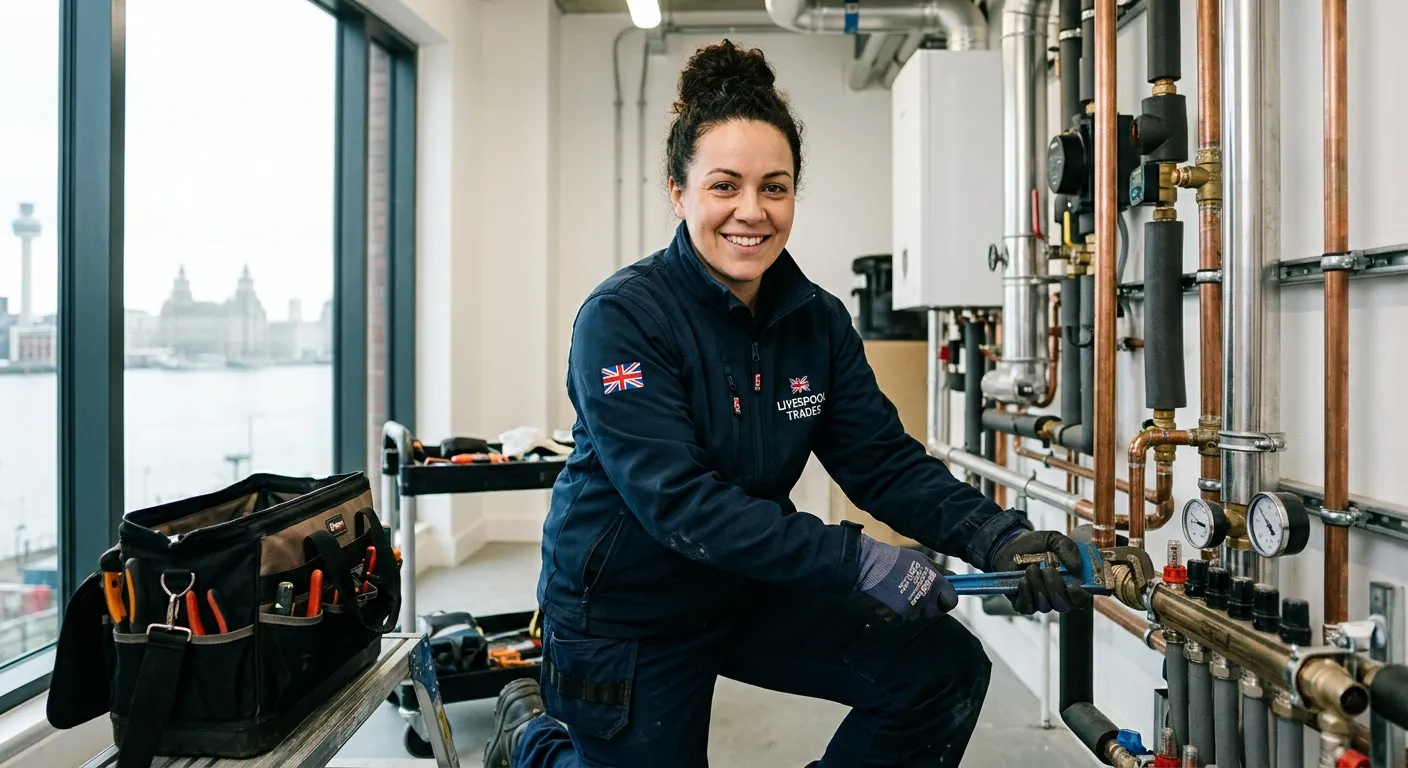 A professional, confident plumber/pipefitter in workwear, smiling and holding a wrench, working on modern pipework in a well-lit commercial or residential setting in Liverpool. The image should convey skill, reliability, and local expertise.