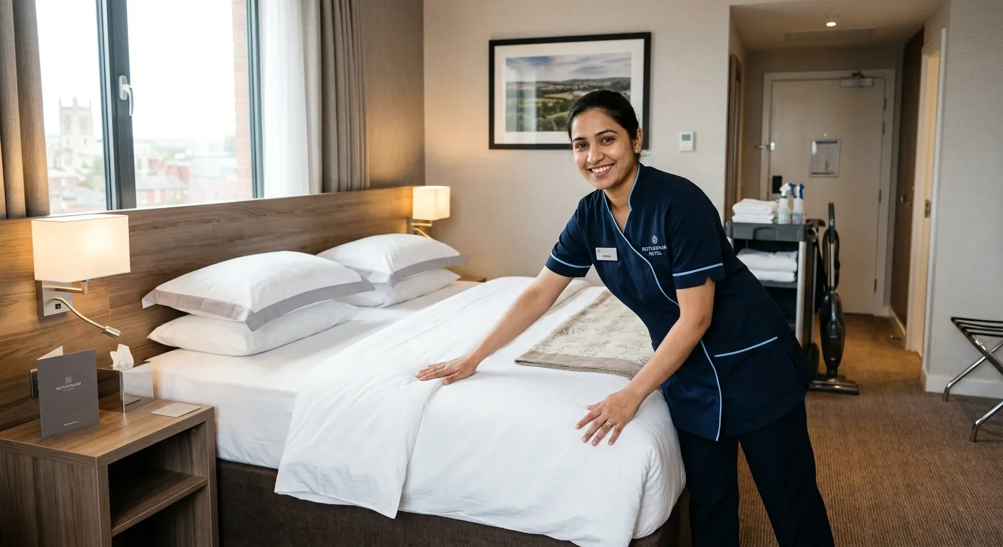 A professional, well-lit photograph of a hotel housekeeper smiling while making a bed in a clean, mo... A professional, well-lit photograph of a hotel housekeeper smiling while making a bed in a clean, modern hotel room in Rotherham, conveying pride, cleanliness, and a positive work environment.