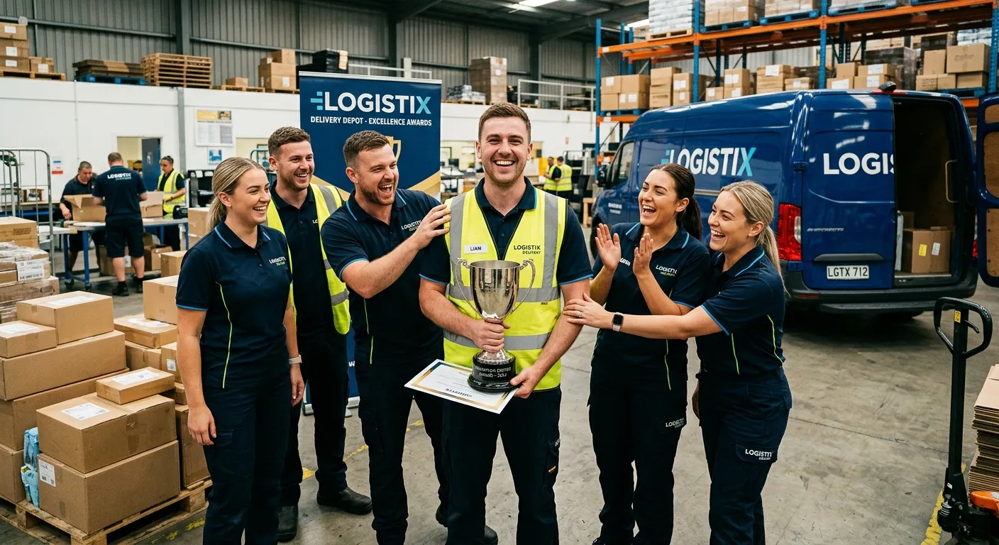 A group of delivery drivers in uniform smiling and celebrating in a depot, with one holding a