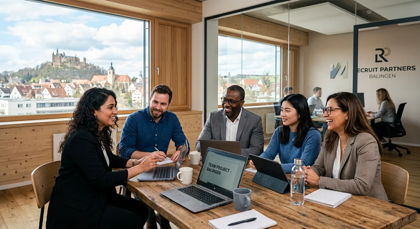 A diverse group of professionals collaborating in a modern office setting in Balingen, representing successful placement by a recruitment agency. Style: professional, bright, and engaging.