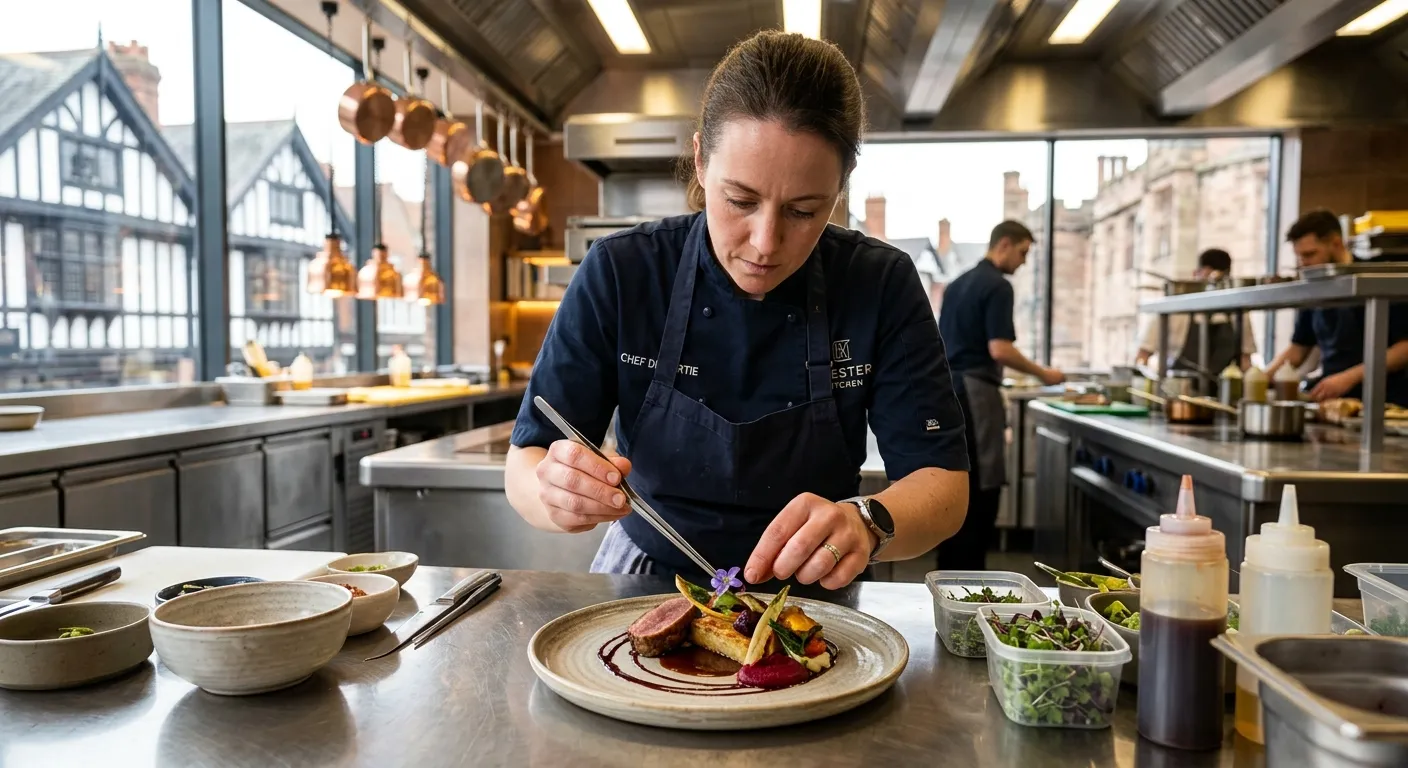 A professional, vibrant image of a Chef de Partie plating an elegant dish in a modern, well-lit kitc... A professional, vibrant image of a Chef de Partie plating an elegant dish in a modern, well-lit kitchen in Chester, focusing on precision and skill.