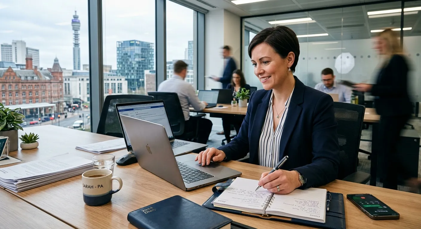 A professional, confident Personal Assistant working efficiently at a modern desk in a Birmingham of... A professional, confident Personal Assistant working efficiently at a modern desk in a Birmingham office setting, with a laptop, diary, and phone, looking focused and organised. The image should convey competence, trust, and a fast-paced environment.