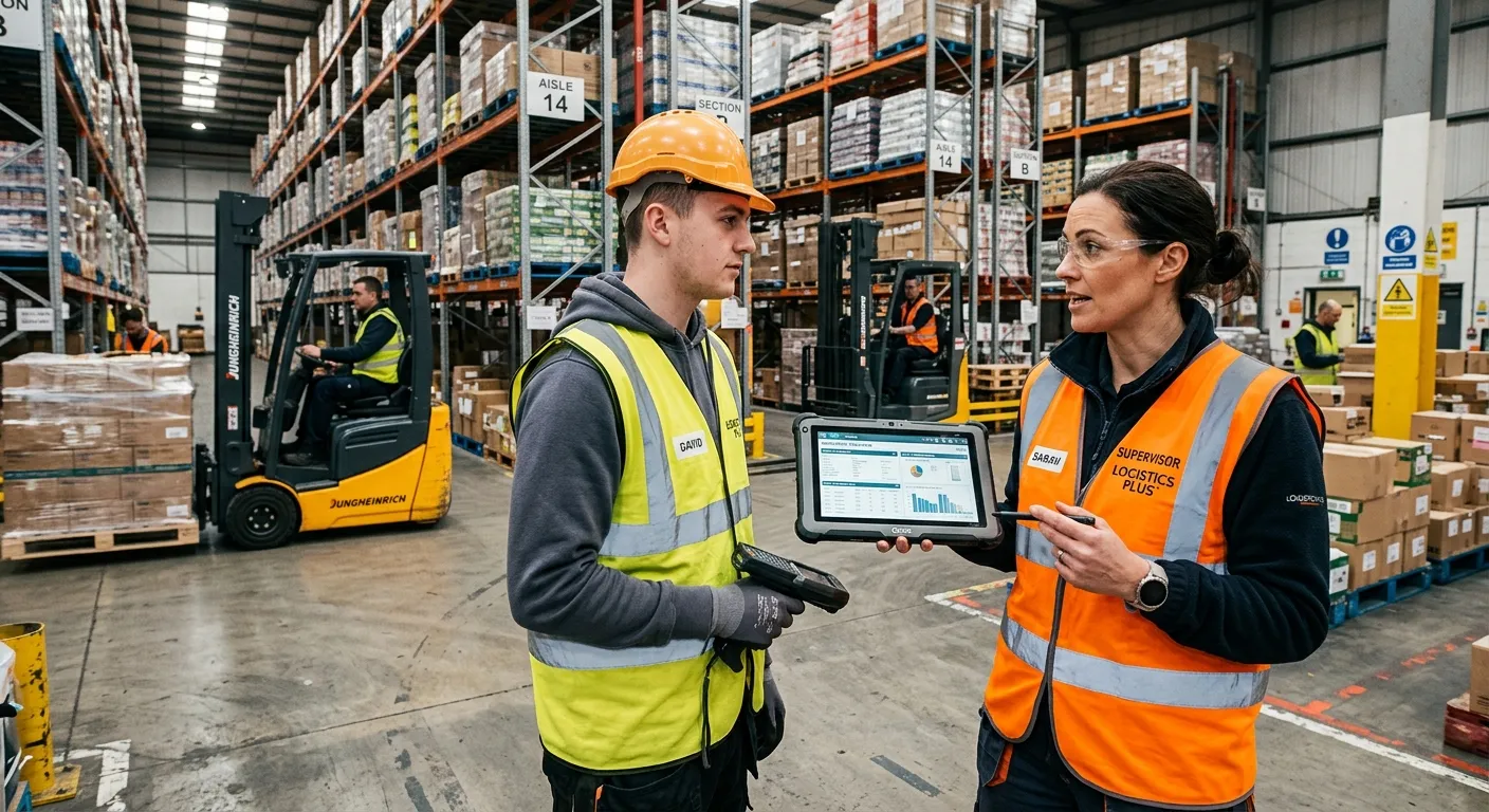 A warehouse supervisor in a high-vis vest, using a tablet while standing on a busy warehouse floor with shelves and forklifts in the background, engaging with an operative.