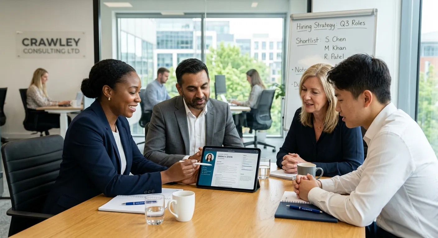 A modern, professional business meeting in a Crawley office. A diverse group of professionals, inclu... A modern, professional business meeting in a Crawley office. A diverse group of professionals, including a hiring manager and a staffing consultant, are reviewing candidate profiles on a tablet. The mood is collaborative, focused, and successful, with a clean, bright office aesthetic.