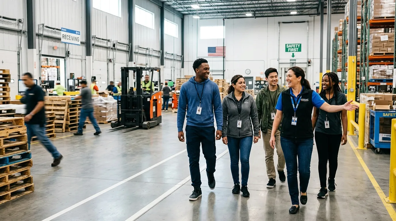 A dynamic, professional hero image showing a diverse group of temporary workers being welcomed onto a modern warehouse or office floor by a manager. The mood is energetic, efficient, and solution-oriented, with a focus on immediate action.