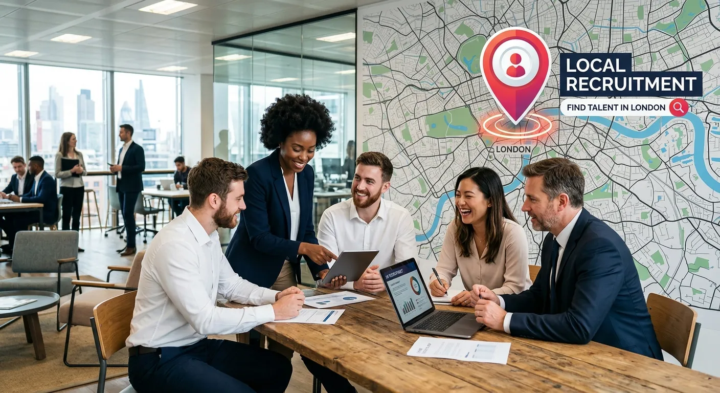 Professional, dynamic image of a diverse team of professionals in a modern office collaborating, with a map pin icon overlaid on a UK city map, symbolizing local recruitment. Style: Modern, corporate, high-resolution. Mood: Energetic, trustworthy, and solution-oriented.