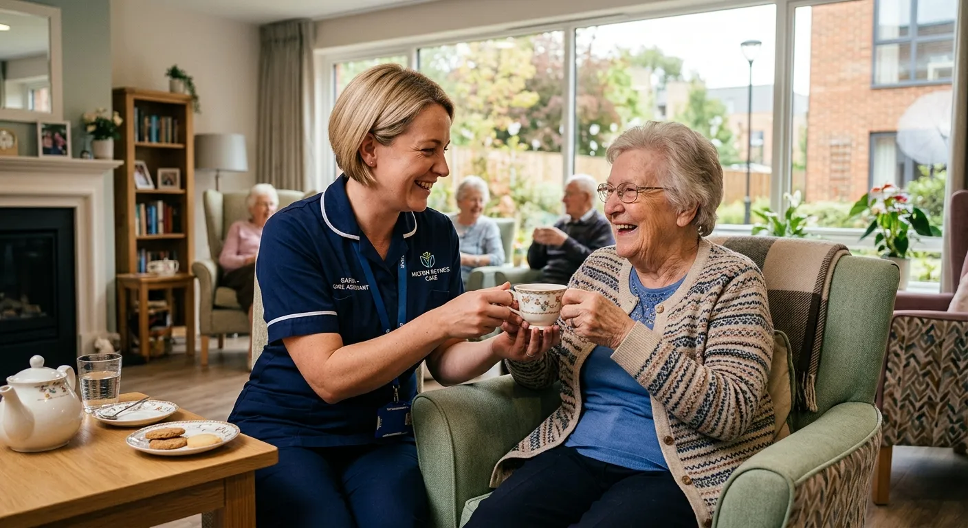 A professional, warm image of a Care Assistant in a modern care home setting in Milton Keynes, smiling while assisting a resident with a cup of tea. The style is authentic and uplifting, focusing on human connection and professional care.