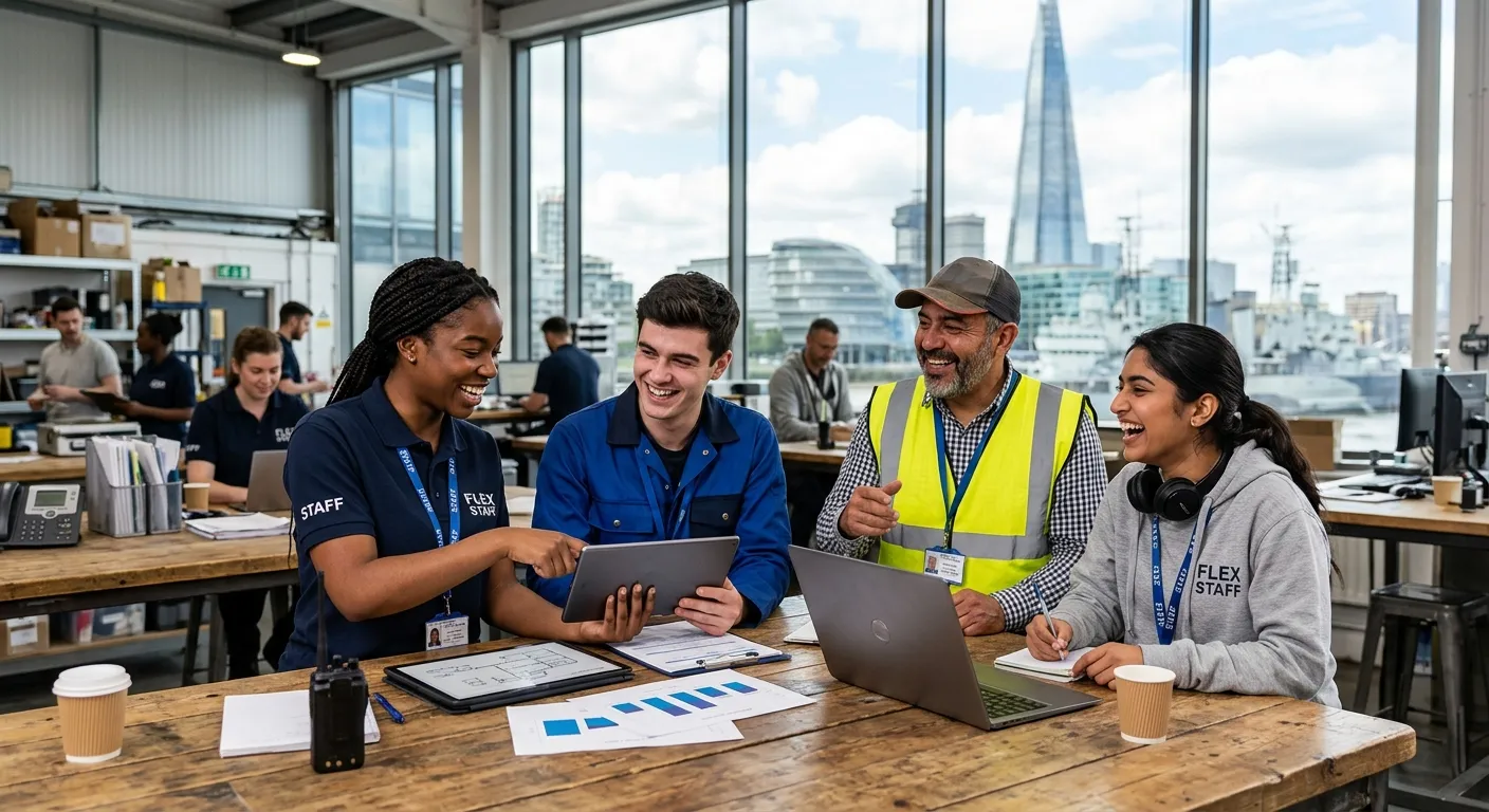 A dynamic, professional photo of a diverse group of temporary workers in London, smiling and collaborating in a modern office or warehouse environment. The style is bright, energetic, and focused, with iconic London landmarks like The Shard slightly blurred in the background.