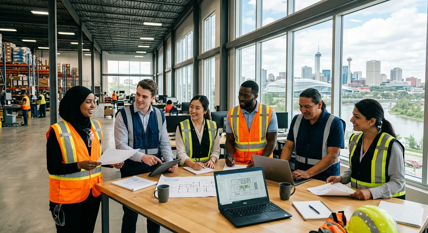 A dynamic, professional photo of a diverse group of temporary workers in high-visibility vests and o... A dynamic, professional photo of a diverse group of temporary workers in high-visibility vests and office attire, collaborating in a modern Edmonton business setting, such as a warehouse or open-plan office, with the Edmonton skyline subtly visible through a window. Style: Professional, vibrant, and confident. Mood: Energetic, productive, and reliable.