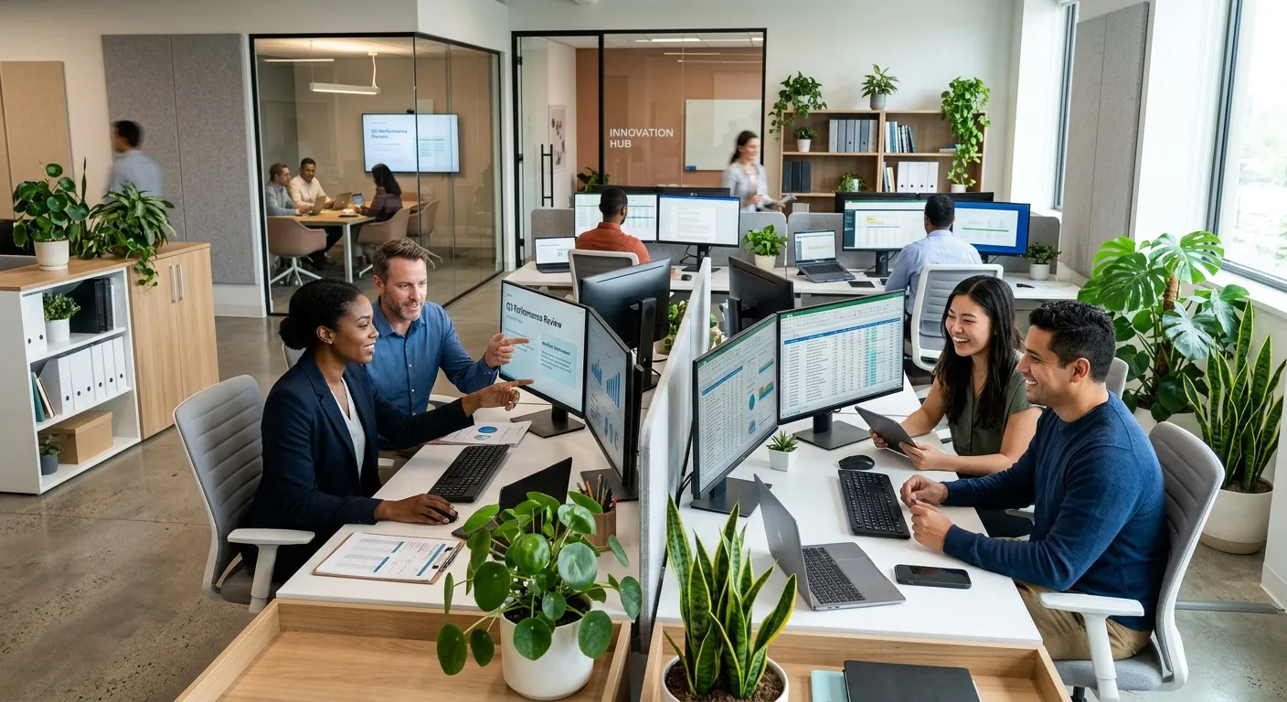 A professional, high-contrast image of a modern, efficient back office environment. A diverse team of administrative professionals working collaboratively at sleek desks with multiple monitors, surrounded by plants and natural light. Style: Clean, corporate, and vibrant.