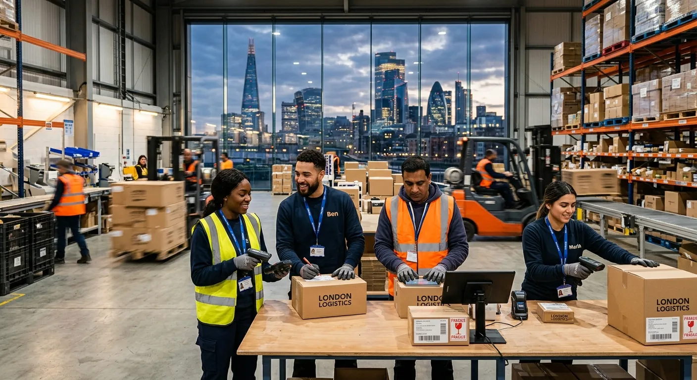 Dynamic, professional photo of diverse temporary workers collaborating in a modern London office or... Dynamic, professional photo of diverse temporary workers collaborating in a modern London office or warehouse setting, showcasing energy and efficiency. Style: vibrant, realistic, with iconic London skyline blurred in background. Mood: busy, productive, inclusive.