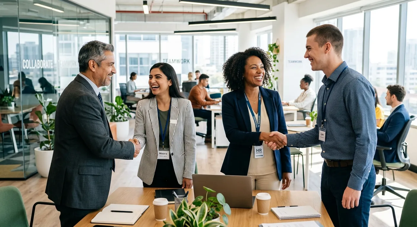 A diverse group of professional HR managers and temporary workers in a modern, bright office, shaking hands and smiling. The style is vibrant, professional, and inclusive, with a focus on human connection and successful collaboration.