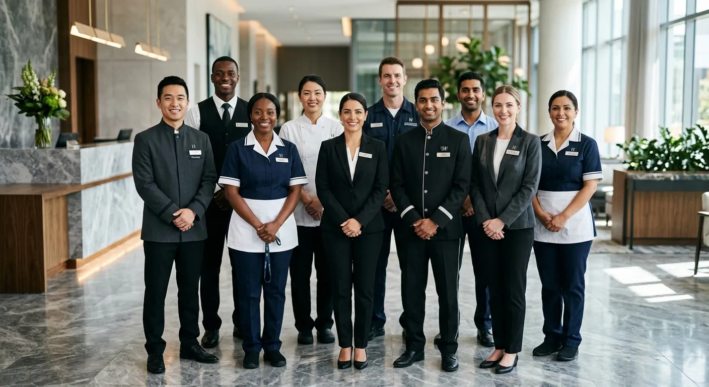 A professional, high-contrast image of a diverse team of domestic and hospitality staff in crisp uniforms, smiling confidently. Style: Modern, clean corporate photography with a slight vignette focus. Mood: Trustworthy, reliable, and efficient.