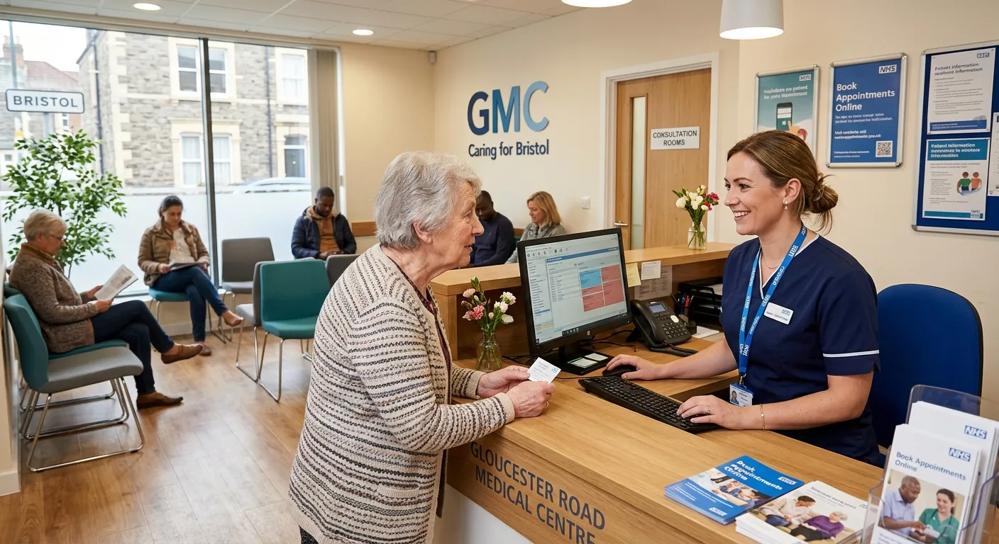 A professional, welcoming photo of a modern GP surgery reception area in Bristol. A friendly recepti... A professional, welcoming photo of a modern GP surgery reception area in Bristol. A friendly receptionist in smart attire is assisting a patient at the desk. The mood is efficient, calm, and helpful.