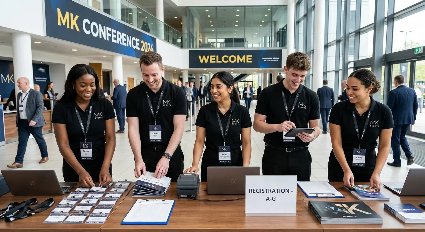 Professional, dynamic photo of a diverse team of Event Staff in smart black uniforms working at a hi... Professional, dynamic photo of a diverse team of Event Staff in smart black uniforms working at a high-end conference in Milton Keynes, smiling as they set up a registration desk. The image should convey energy, professionalism, and teamwork.