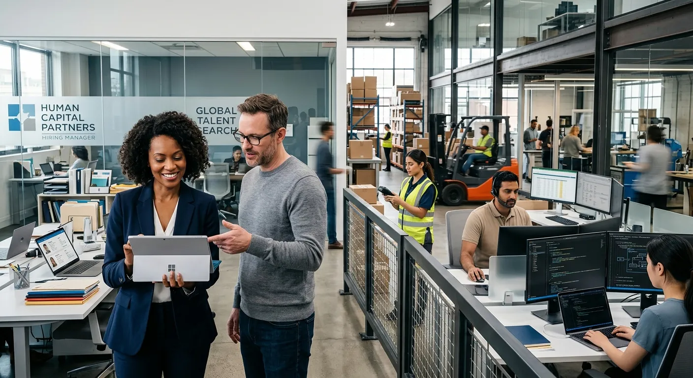 A dynamic, professional image showing a diverse group of professionals in a modern office collaborating. One side shows a hiring manager looking at a tablet with candidate profiles, the other side shows skilled workers in various industries (warehouse, admin, tech). Style: Clean, high-contrast, professional photography. Mood: Empowering, efficient, and connected.