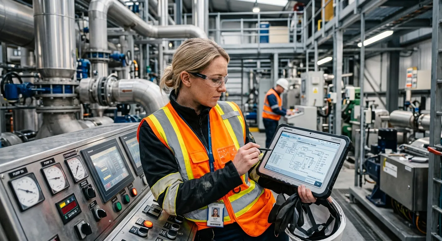 A professional commissioning engineer in a high-visibility vest, reviewing schematics on a tablet at... A professional commissioning engineer in a high-visibility vest, reviewing schematics on a tablet at a modern industrial plant control panel, with soft focus on complex machinery in the background. Professional, high-contrast, sharp focus.