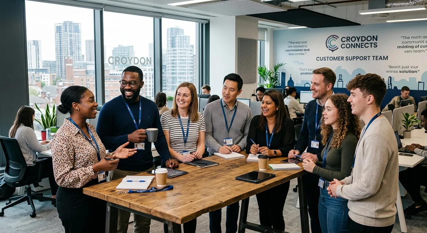 A diverse team of customer service advisors in a modern Croydon office, gathered for a morning brief... A diverse team of customer service advisors in a modern Croydon office, gathered for a morning briefing, looking engaged and collaborative.