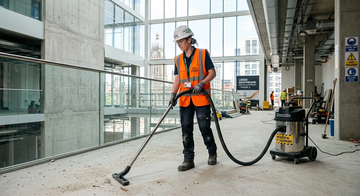 A professional, action-oriented image of a construction site cleaner in full PPE (high-vis vest, saf... A professional, action-oriented image of a construction site cleaner in full PPE (high-vis vest, safety boots, gloves) operating a commercial-grade industrial vacuum or sweeping a newly built interior space on a construction site in Leeds. The image should convey professionalism, safety, and the importance of the role.