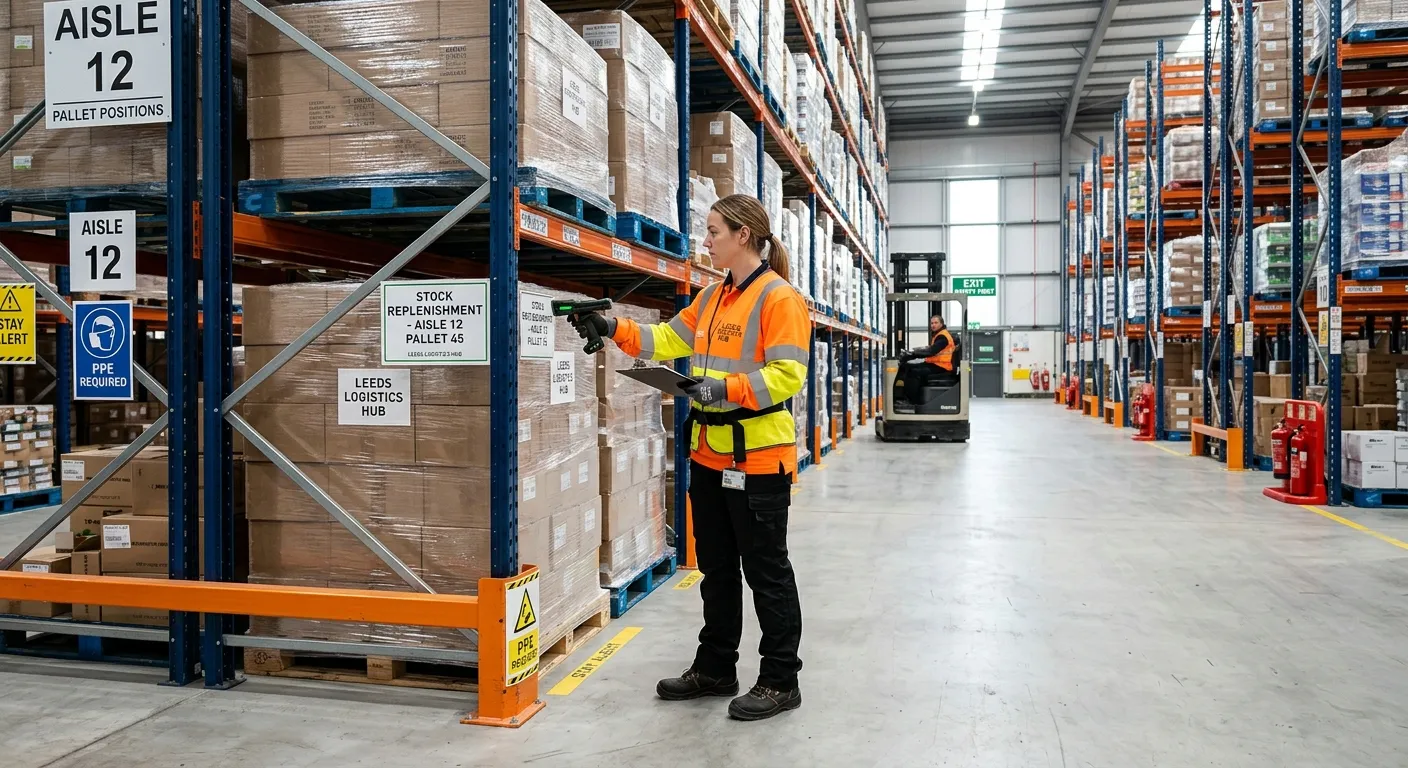 A professional, well-lit photograph of a modern, organised warehouse interior at Leeds Logistics Hub... A professional, well-lit photograph of a modern, organised warehouse interior at Leeds Logistics Hub. A Stock Replenishment Assistant in high-visibility clothing is efficiently scanning pallets on a racking system. The image conveys activity, precision, and a clean, safe working environment.
