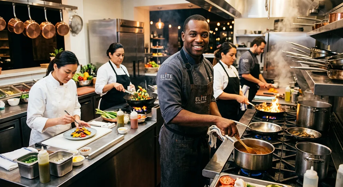 A dynamic, professional photo of a diverse group of chefs in a modern kitchen, actively preparing food. One chef is looking directly at the camera with a confident smile, symbolizing availability. Style: High-contrast, vibrant, and aspirational. Mood: Professional, energetic, and ready-for-hire.