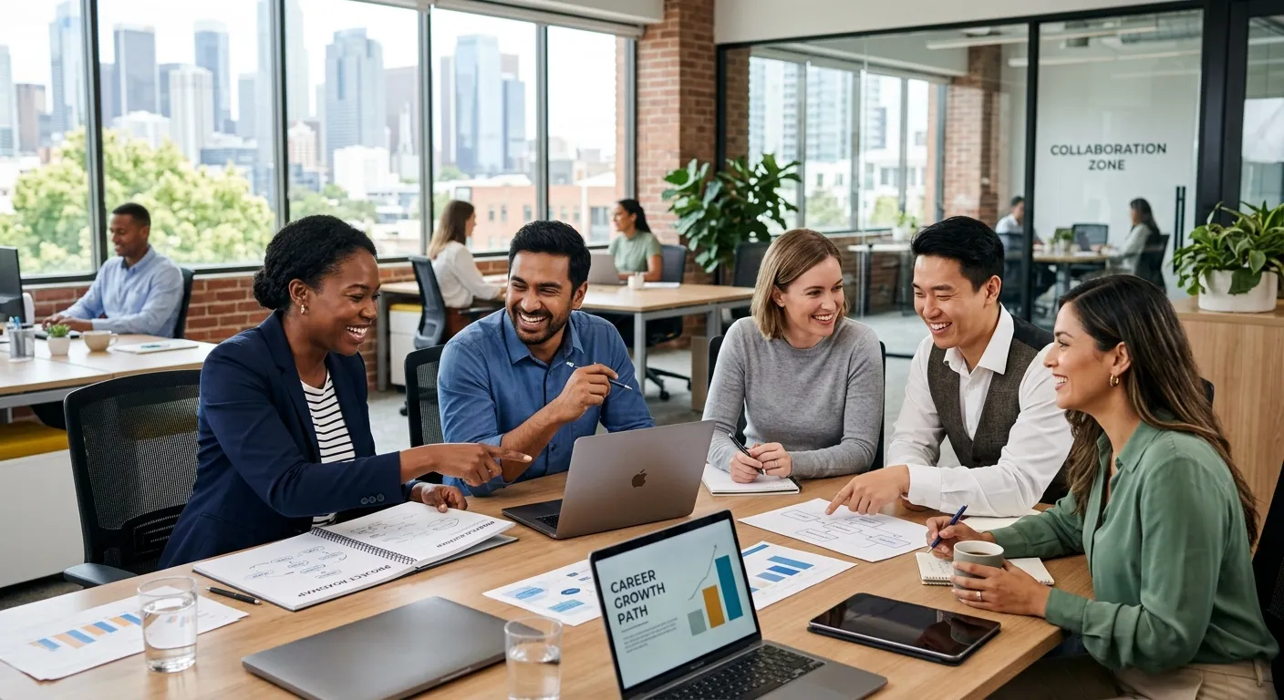 A professional, diverse team of employees in a modern office, smiling and collaborating around a tab... A professional, diverse team of employees in a modern office, smiling and collaborating around a table. Style: Bright, professional, and aspirational, with a focus on teamwork and long-term career success.