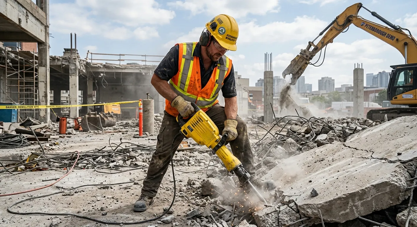 A professional, action-oriented hero image featuring a Demolition Labourer in full PPE (hard hat, hi-vis vest, safety boots) working on a controlled demolition site in Peterborough. The worker is using a tool like a breaker or sledgehammer, with a focus on safety and skill. The image should convey urgency, professionalism, and the industrial nature of the work.