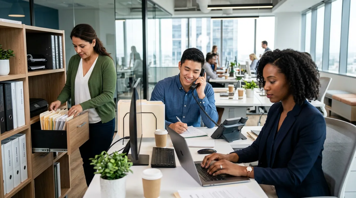 A dynamic, high-resolution hero image showing a diverse team of professional administrative staff in... A dynamic, high-resolution hero image showing a diverse team of professional administrative staff in a modern office setting. One person is answering a phone, another is typing on a laptop, and a third is organizing files. The mood is efficient, professional, and collaborative. Use a shallow depth of field to focus on the team.