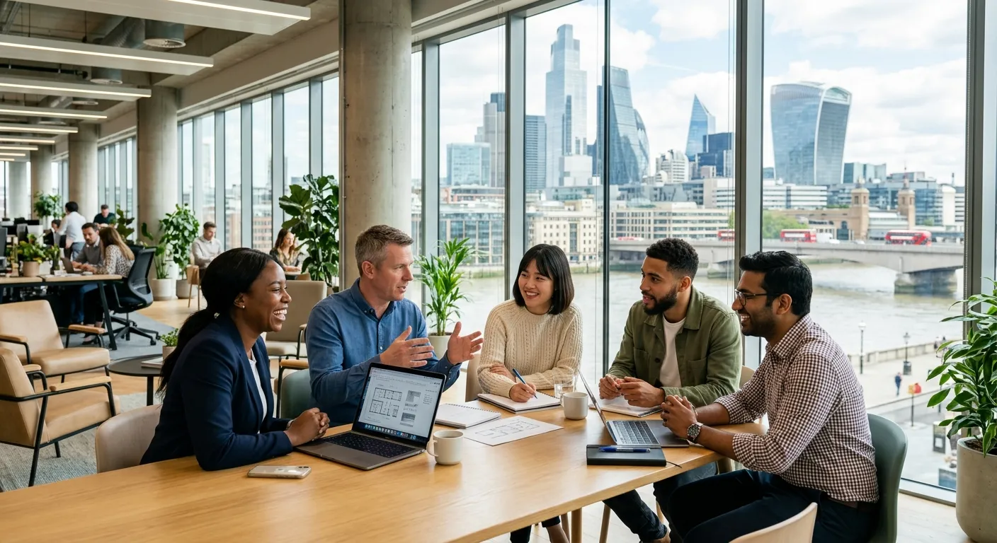 A modern, professional photo of diverse workers collaborating in a bright London office, with iconic London skyline (e.g., The Shard) visible through floor-to-ceiling windows. Style: Professional, bright, energetic mood.