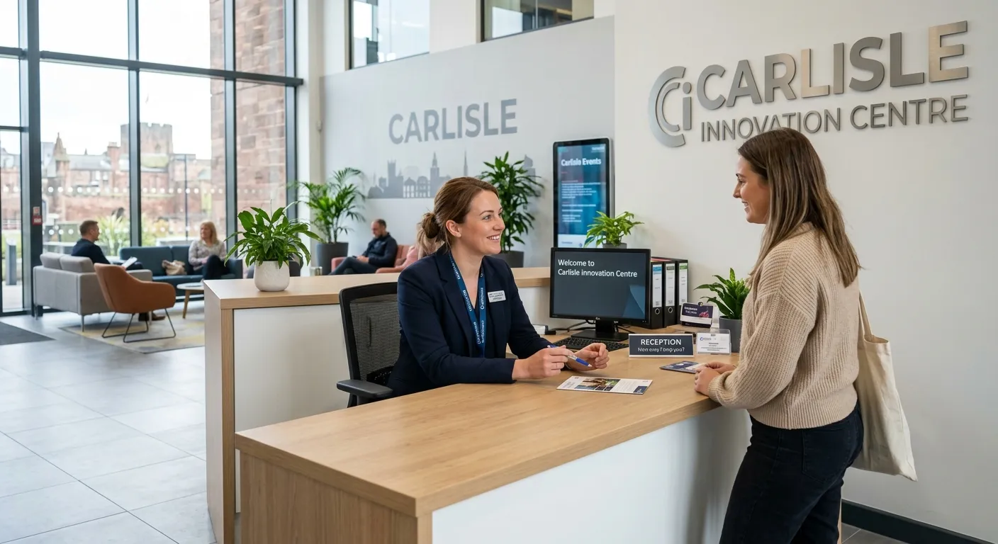 A professional, welcoming receptionist in a modern office lobby in Carlisle, smiling and assisting a... A professional, welcoming receptionist in a modern office lobby in Carlisle, smiling and assisting a visitor, conveying a friendly and efficient atmosphere.