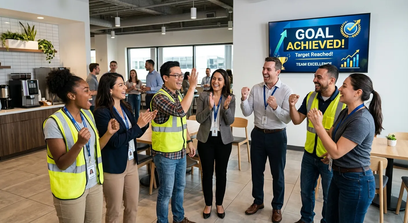 A dynamic, professional photo showing a diverse team of warehouse and office staff celebrating a goal on a TV screen in a break room. The mood is energetic yet professional, highlighting team spirit and workplace culture. Modern, high-resolution.