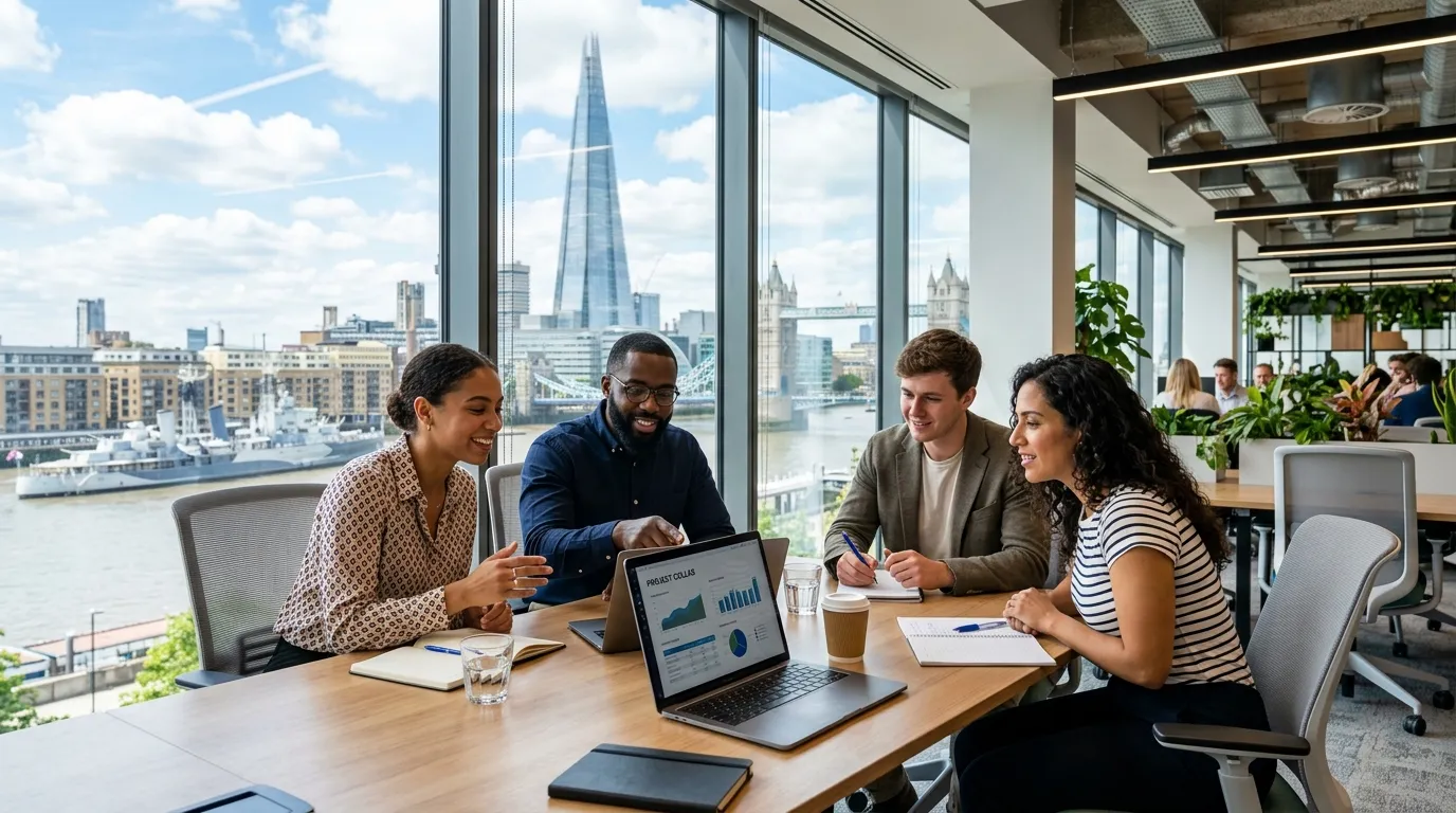 A dynamic, professional hero image showing a diverse group of temp workers collaborating in a modern... A dynamic, professional hero image showing a diverse group of temp workers collaborating in a modern London office environment. A mix of professionals in smart-casual attire are seen in a meeting, looking at a laptop screen, with iconic London landmarks like The Shard visible through a large window. Style is bright, energetic, and modern.