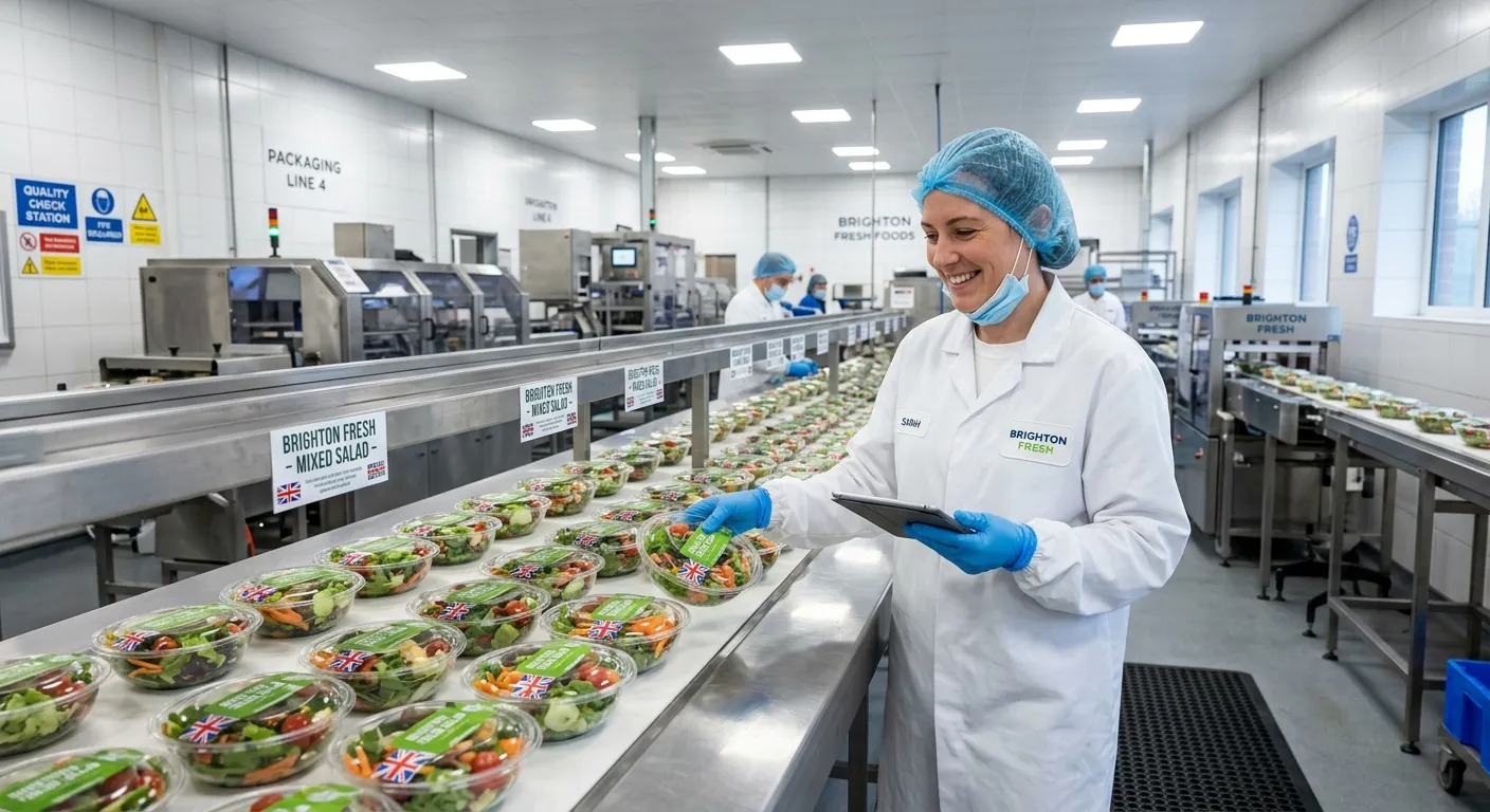A realistic, well-lit photograph inside a modern Brighton food production facility. Show an operative in full PPE (white coat, hairnet, gloves) smiling as they conduct a quality check on packaged salads on a conveyor belt. The environment should look clean, bright, and organised.
