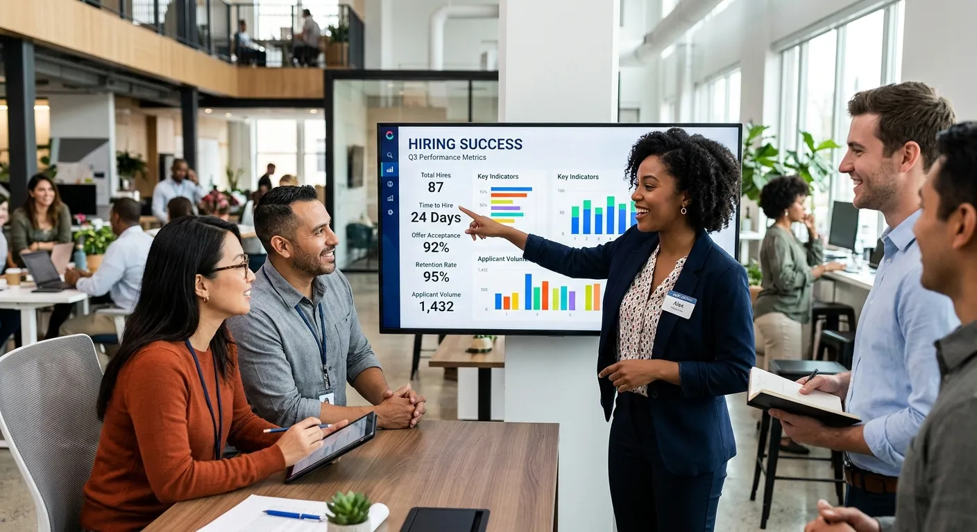 A professional, high-energy photo of a diverse team collaborating in a modern office, with one perso... A professional, high-energy photo of a diverse team collaborating in a modern office, with one person pointing to a data dashboard showing 'Hiring Success' metrics. Style: Corporate, vibrant, and aspirational.